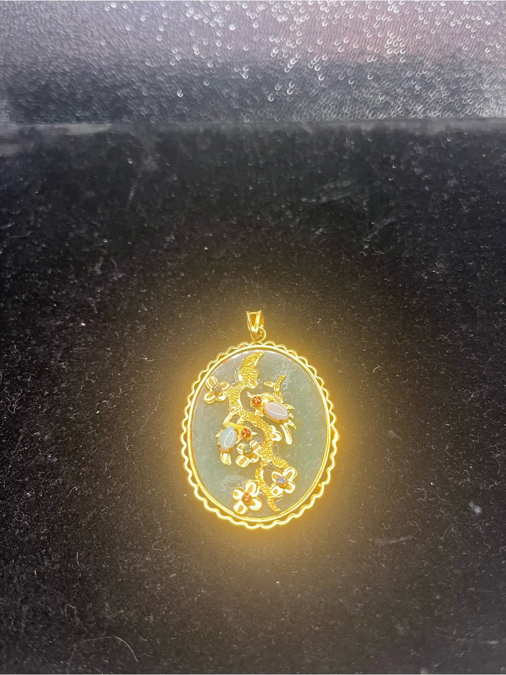 Vintage Large Gold Filled Jade Jewelry Bird Pendant Opal Blue Safire Ruby Stones